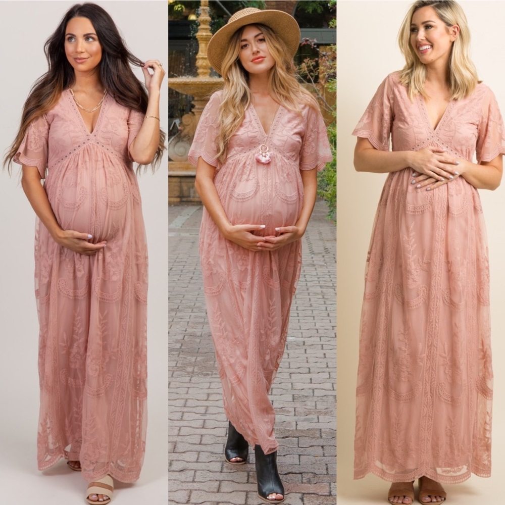 Pinkblush Mauve Pink Lace Overlay V Neck Maternity Maxi Dress